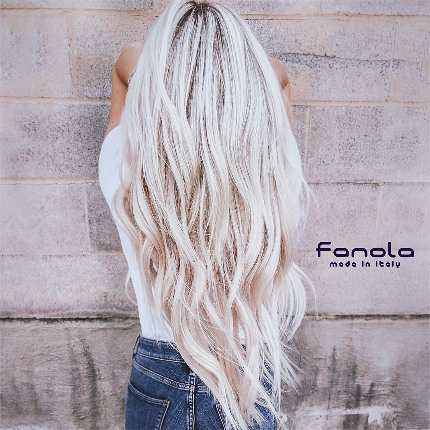Fanola before and after hair visuals illustrating brassiness reduction benefit