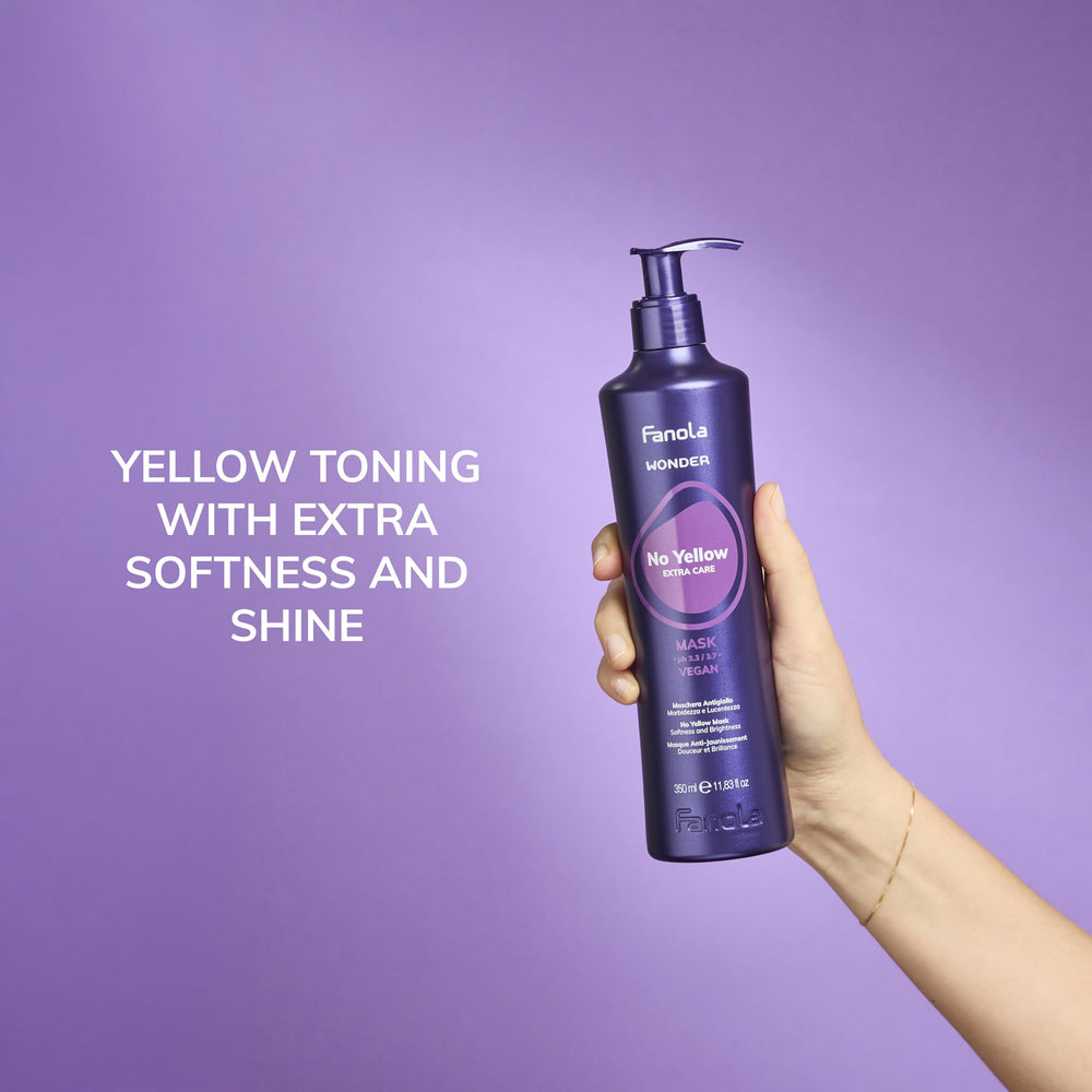 Before and after hair image showing Fanola reducing yellow brassiness effectively