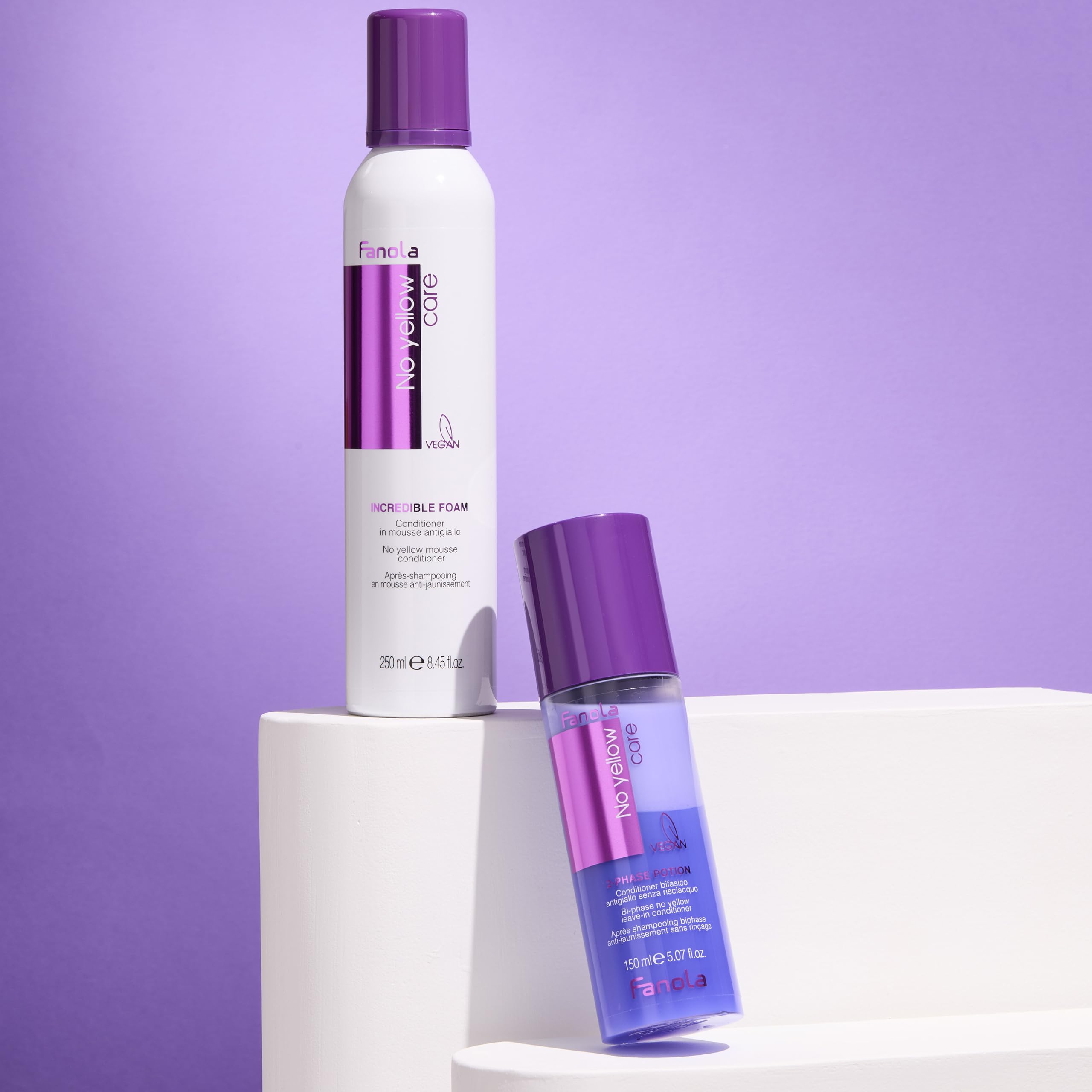 Fanola before and after on hair showing reduced brassiness and shine