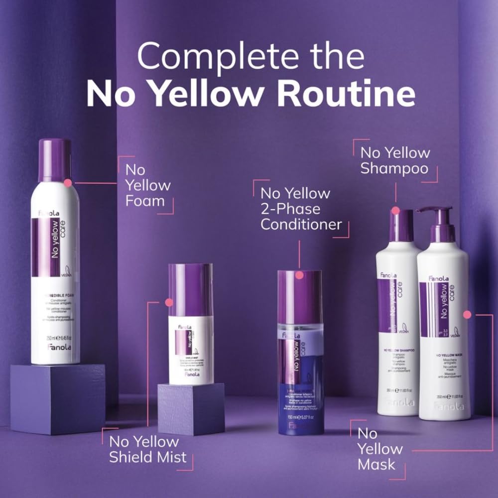 Fanola No Yellow on bathroom shelf with styling tools conveying professional maintenance routine