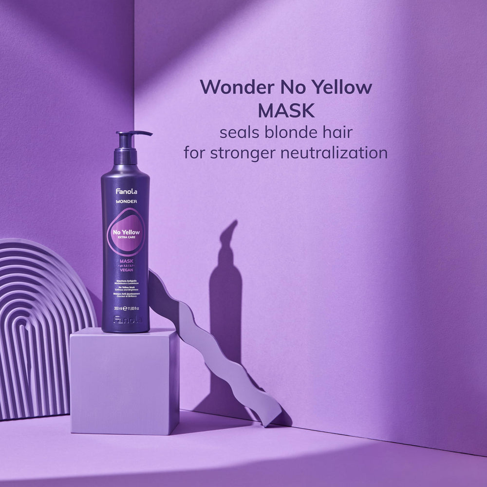Fanola No Yellow displayed with complementary products for maintenance routine