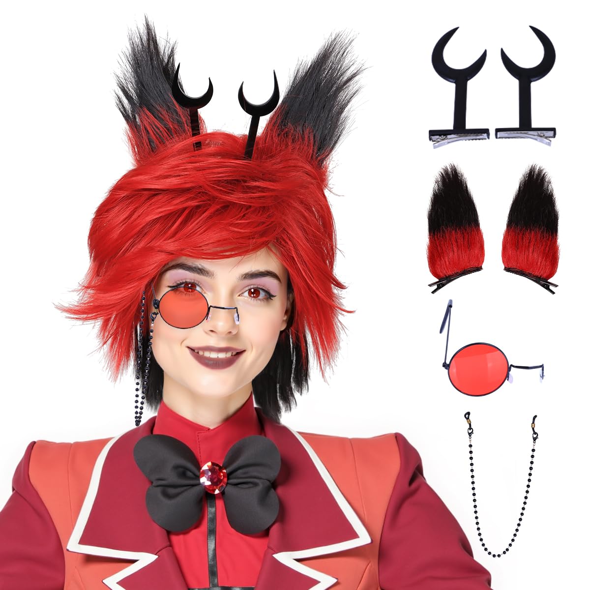 FantaLook front view showing red and black wig and included accessories for instant costume