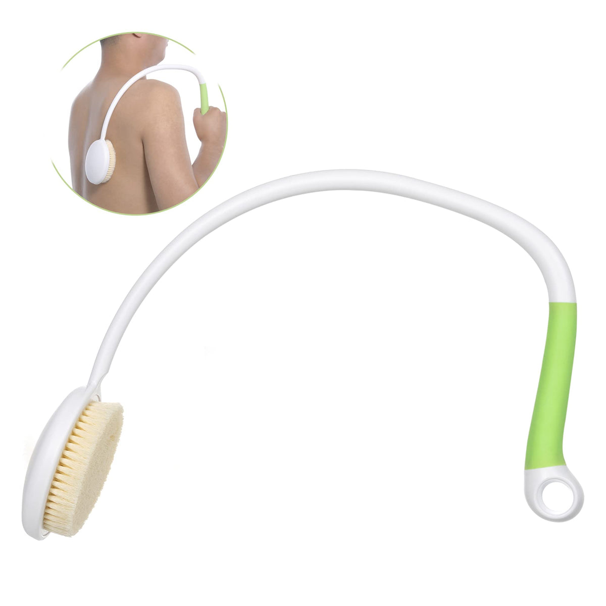 Fanwer front view of back brush showing design and benefits of easy reach