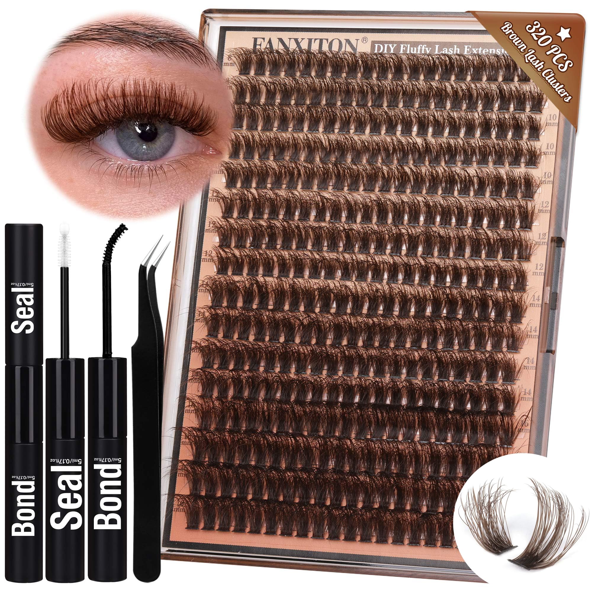FANXITON front packaging showing 320 brown lash clusters and tools, clear kit overview benefit