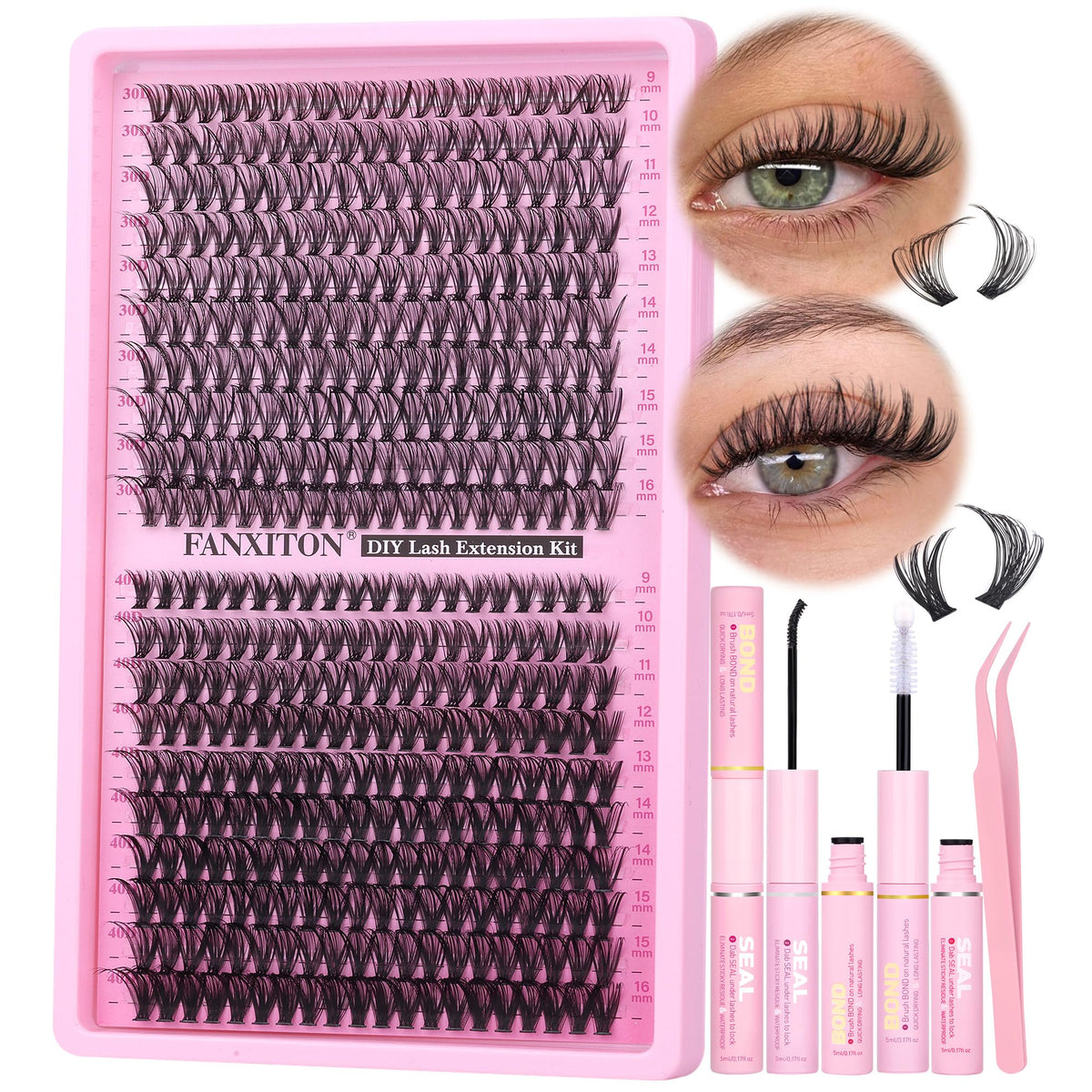 FANXITON front packaging showing full lash clusters kit and easy DIY benefit