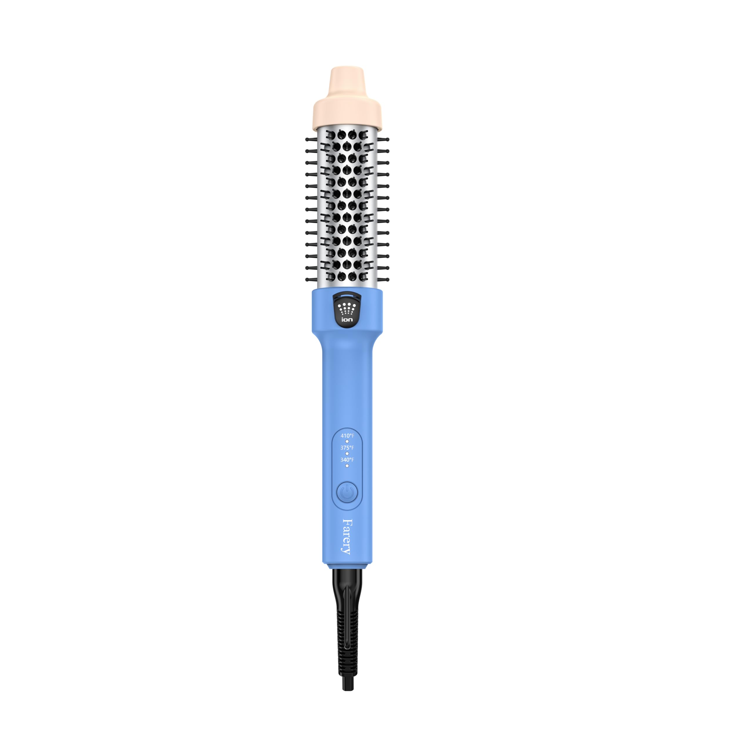 Farery brush front view showing compact blue design and ergonomic handle for easy styling