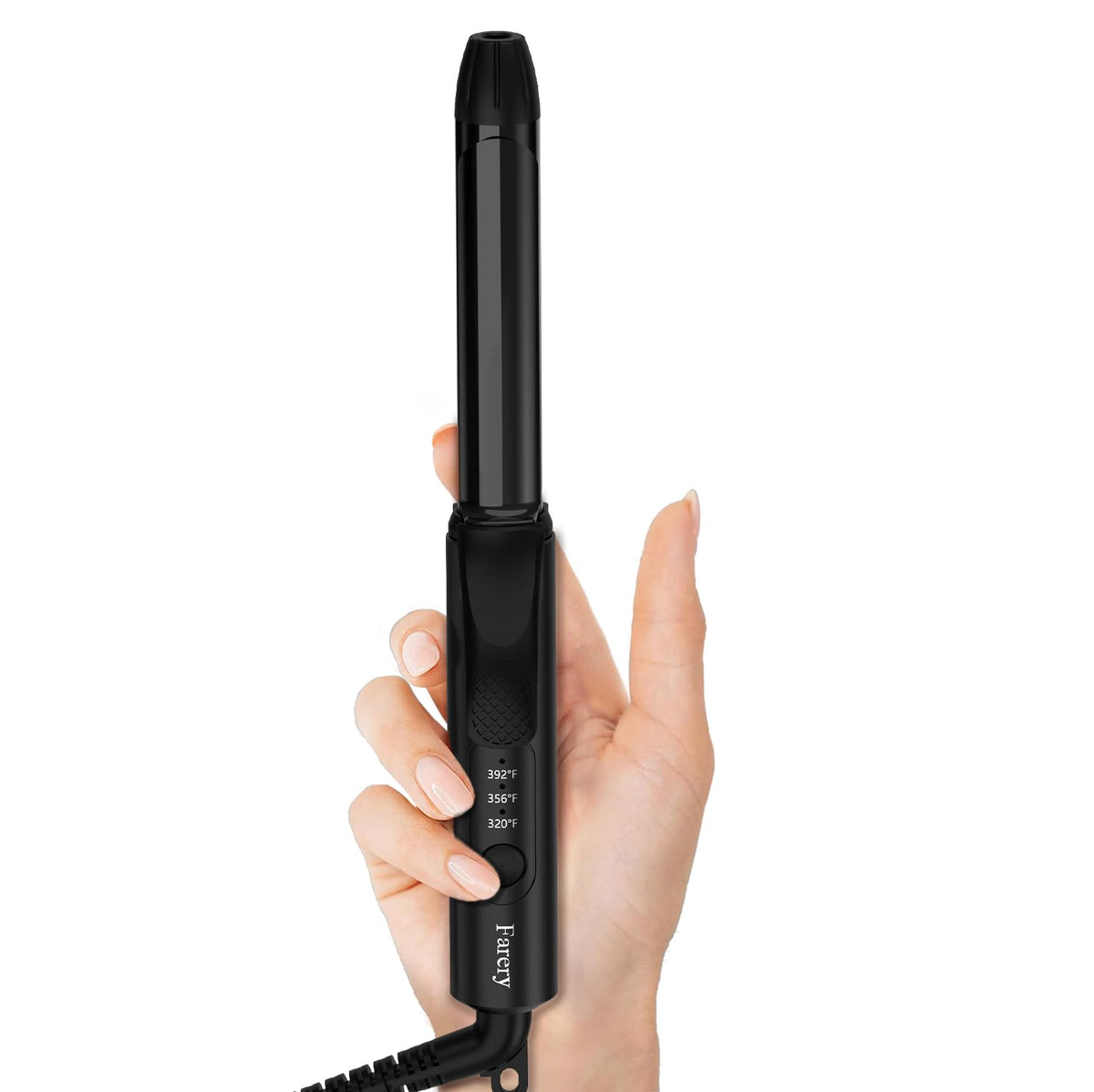 FARERY front view of travel curling iron showing compact design and controls for portability