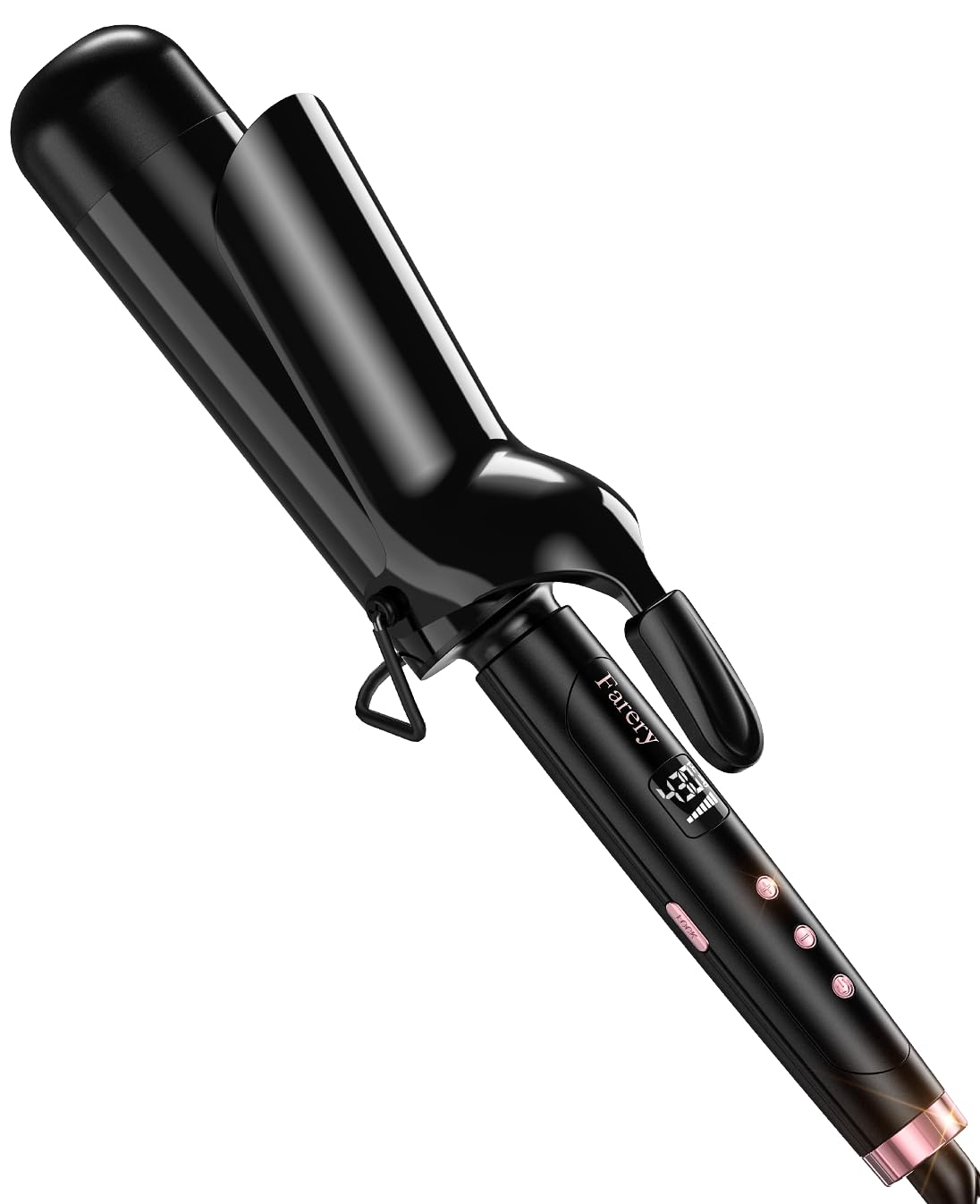 Farery front view of 2 inch barrel curling iron showing full tool and ergonomic handle for easy styling
