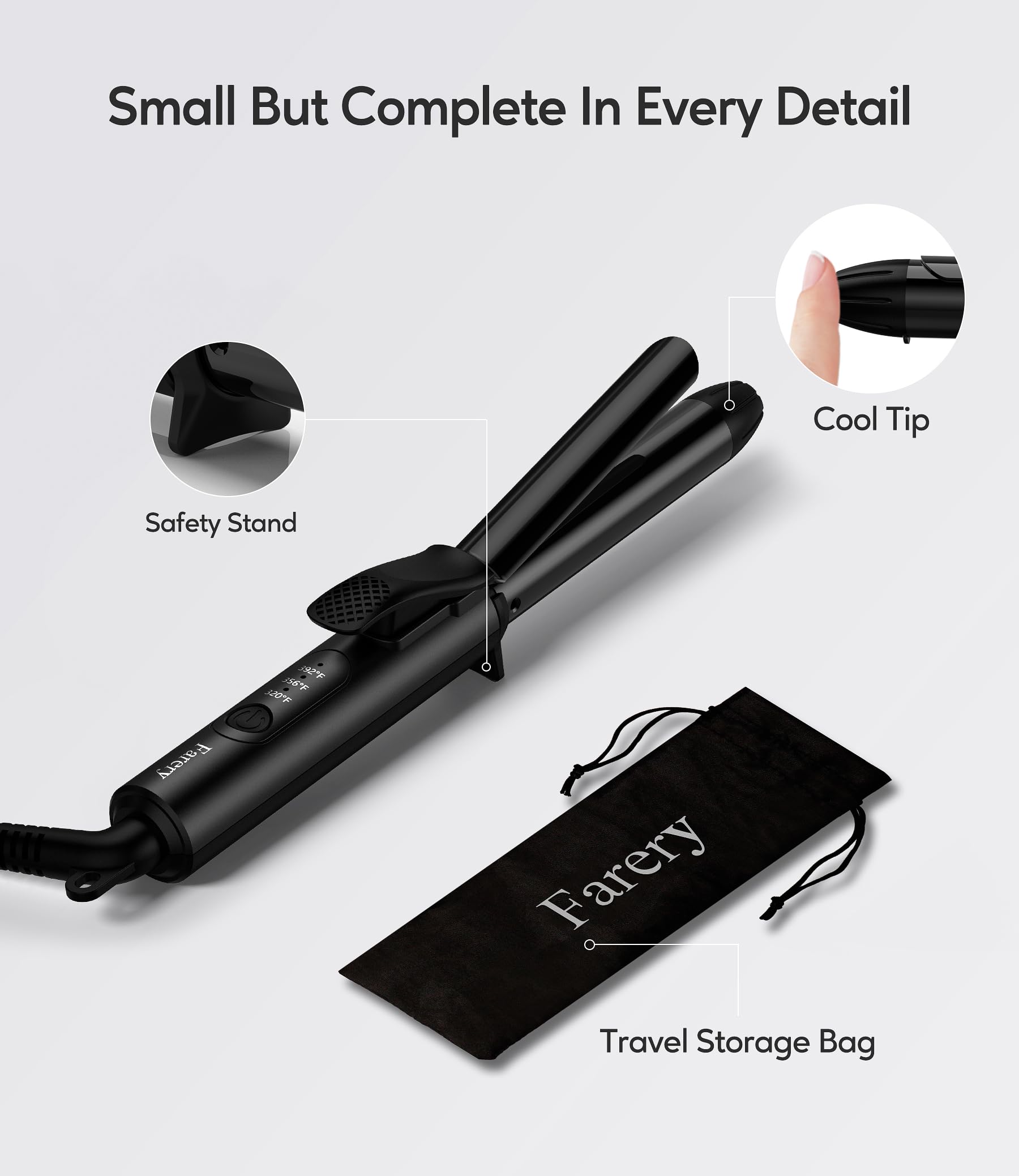 FARERY curling iron styled in hotel bathroom showing quick travel-ready hairstyling