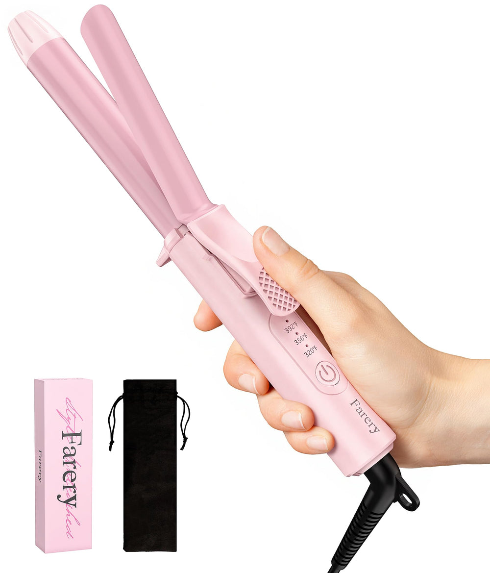 FARERY mini curling iron front view showing compact travel design and benefits