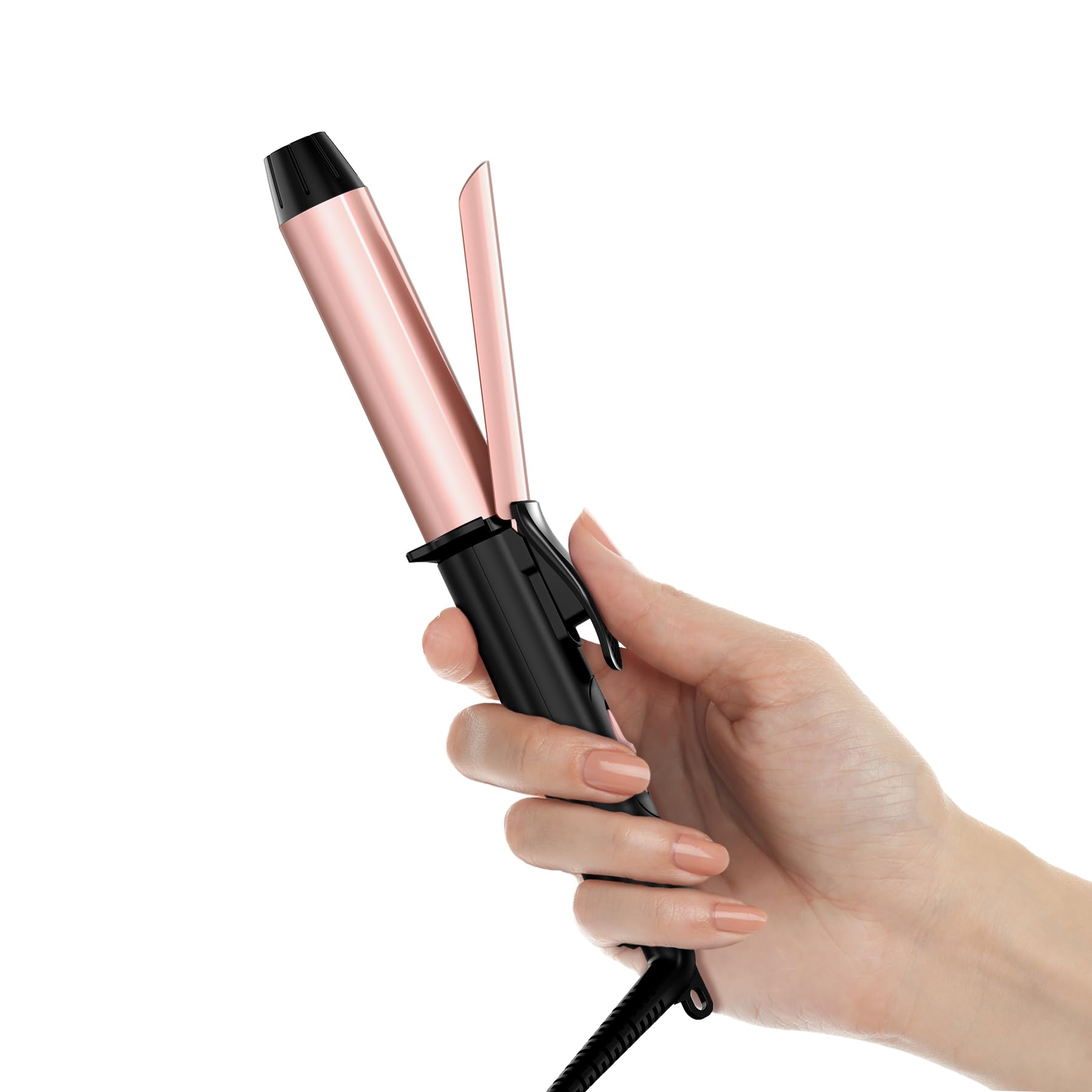 FARERY mini curling iron front view showing compact design and rosegold finish for travel
