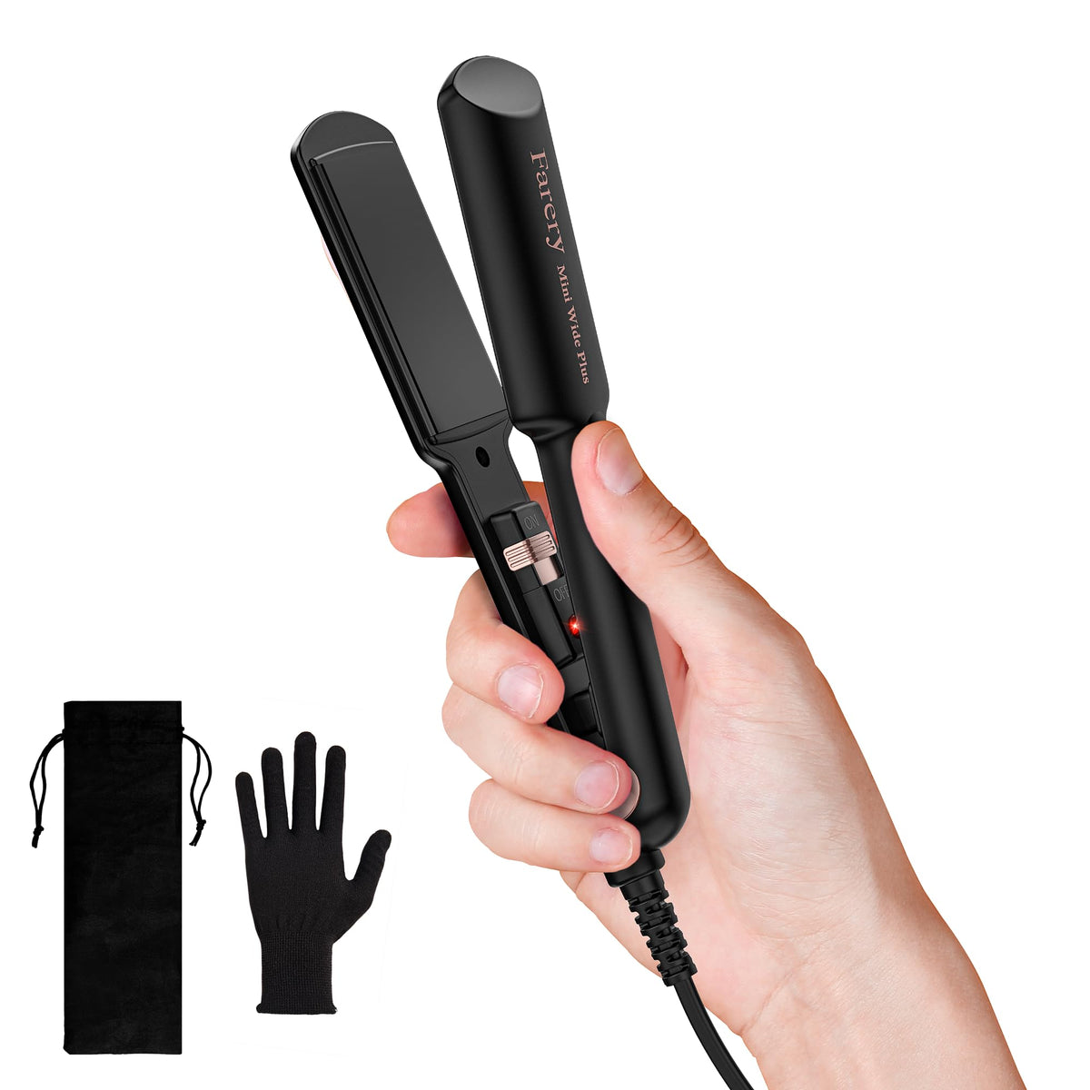 FARERY mini flat iron front view showing sleek black body and controls for portability