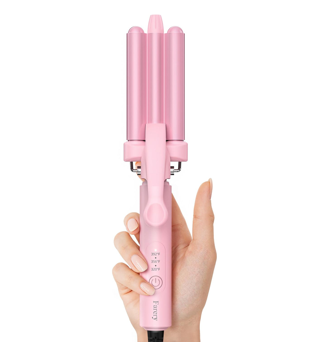 Farery mini hair waver front view showing compact design and barrels for travel convenience