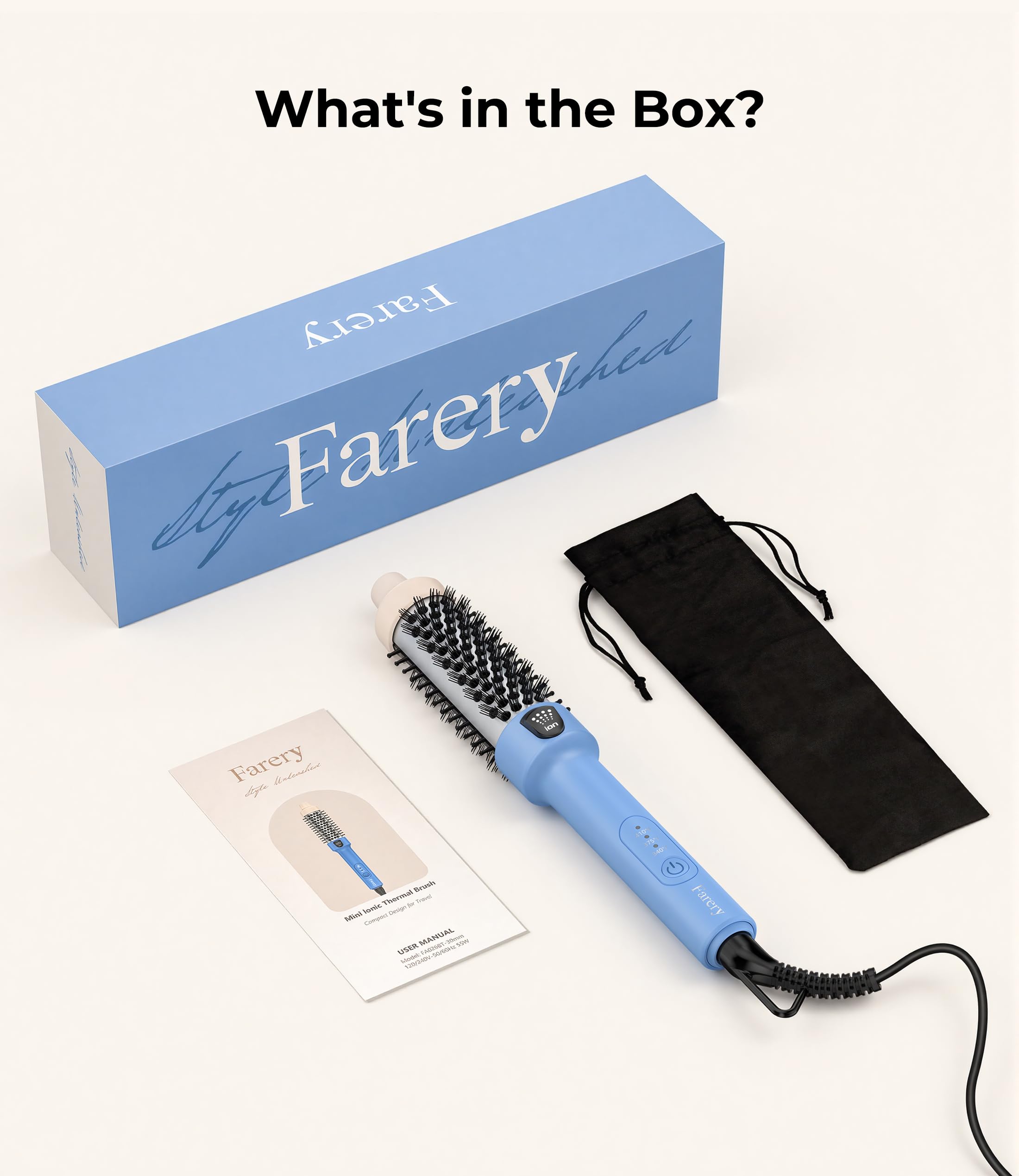 Farery packaging and label view highlighting dual-voltage travel compatibility