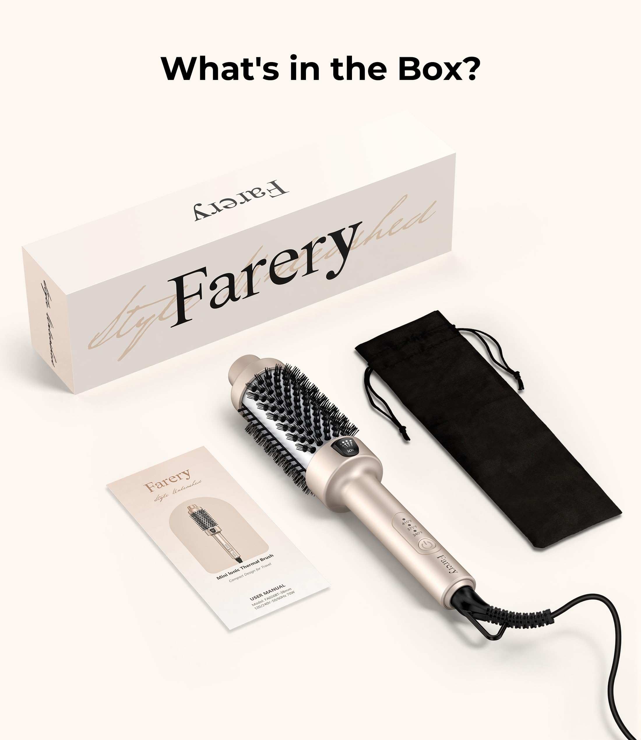 Farery packaging and label showing dual-voltage specs for travel readiness