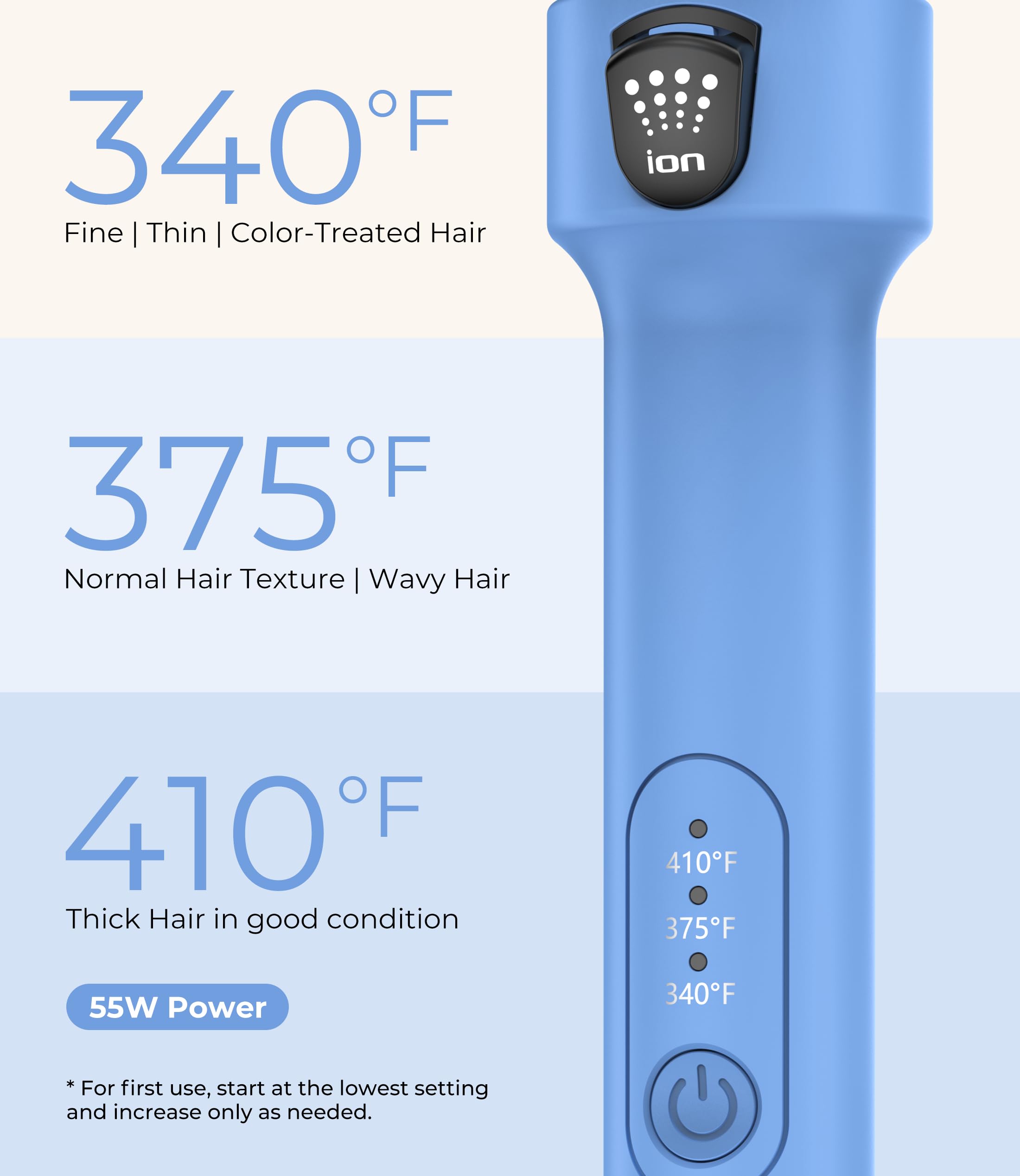 Farery temperature controls displaying three heat settings for tailored styling