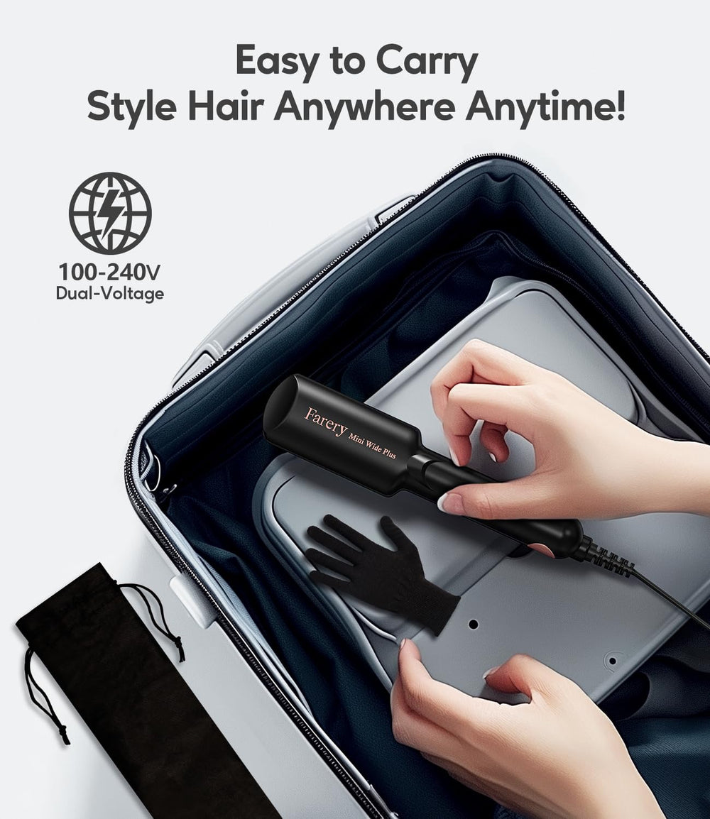 FARERY mini straightener inside travel pouch ready for carry-on convenience