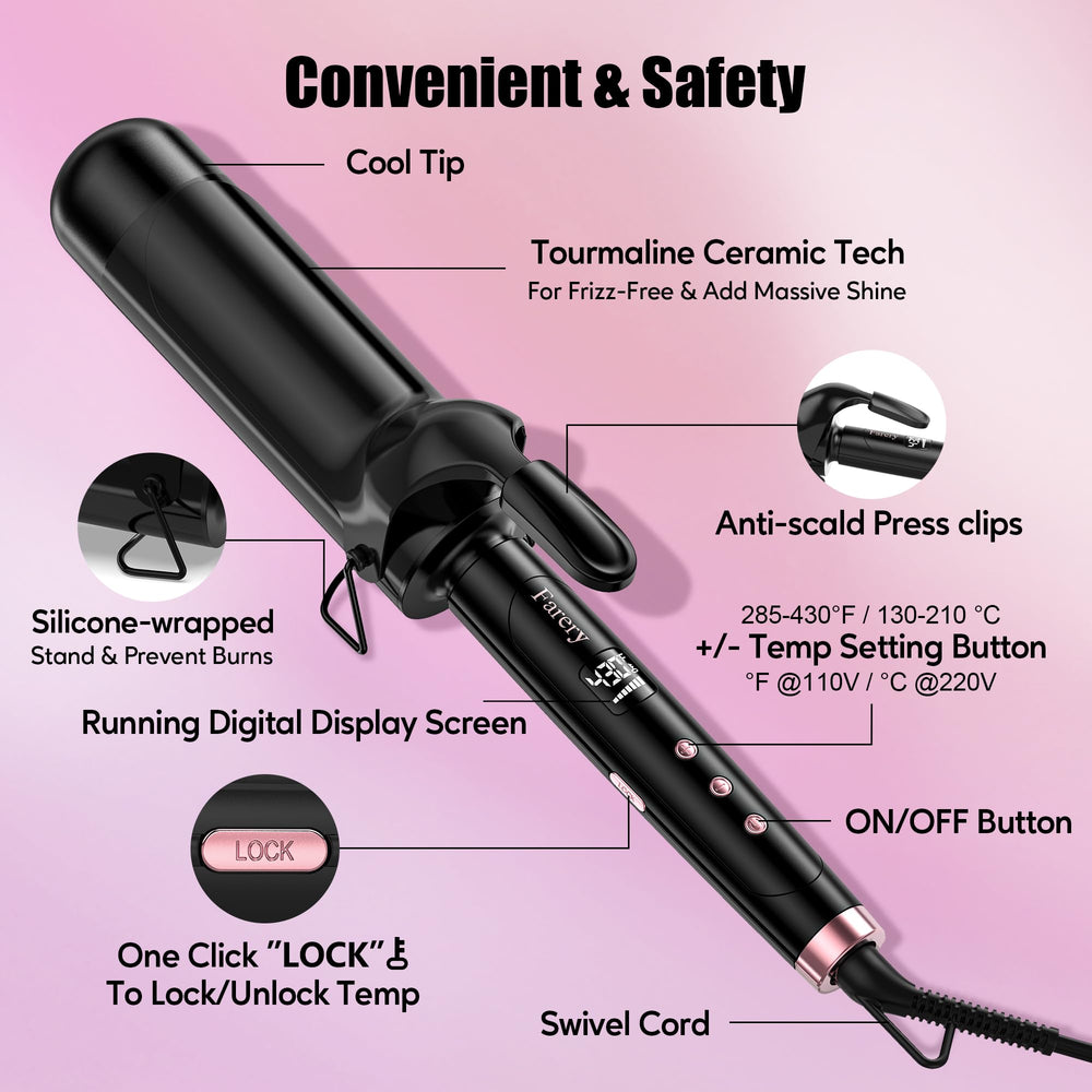 Farery curling iron with included heat glove and travel accessories for safe transport