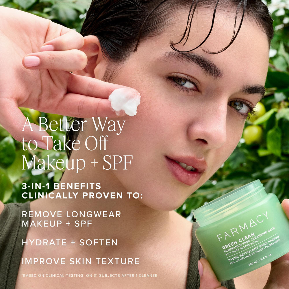 Farmacy balm melting on fingers to dissolve makeup quickly and gently