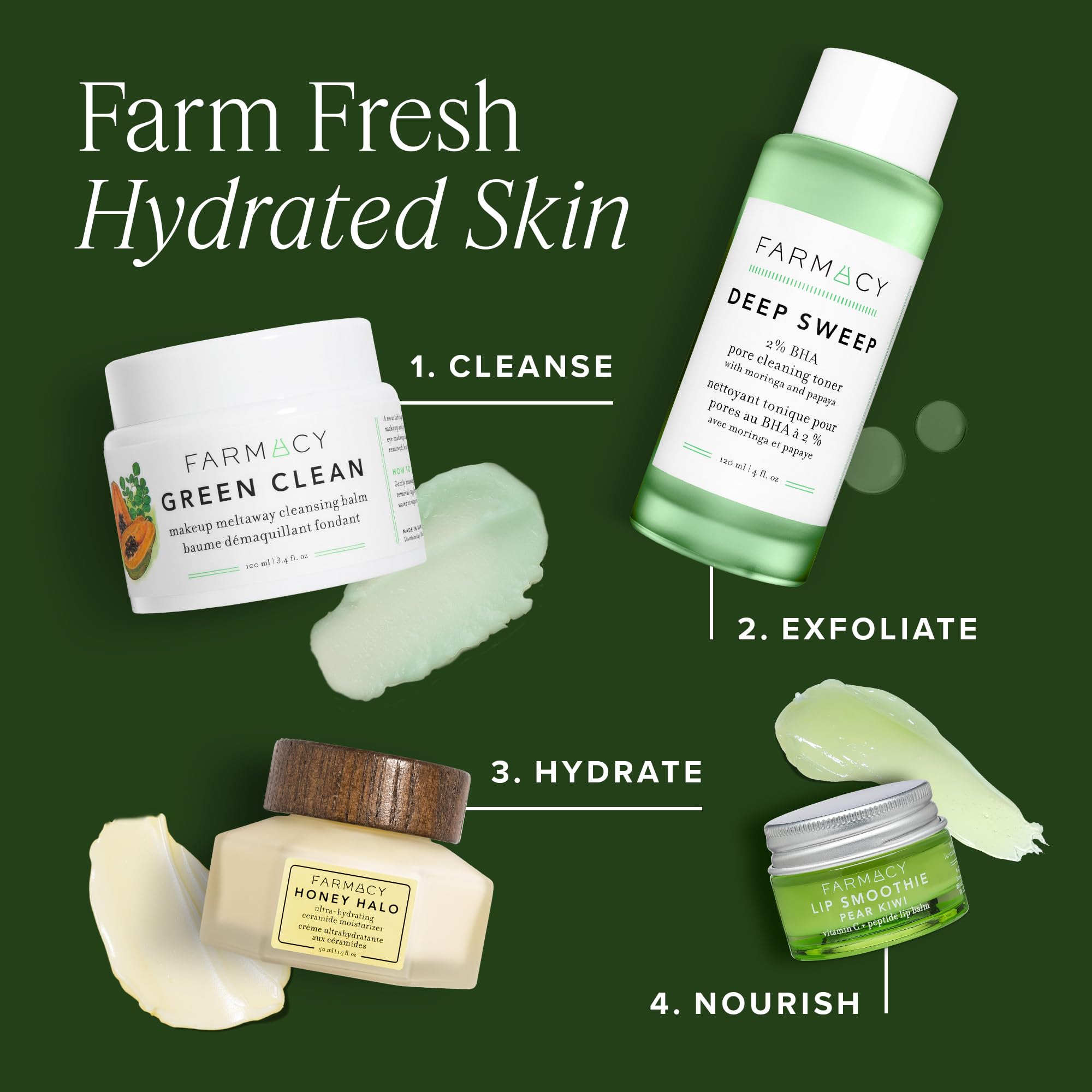 Farmacy green clean ingredients display with moringa basil arugula benefits