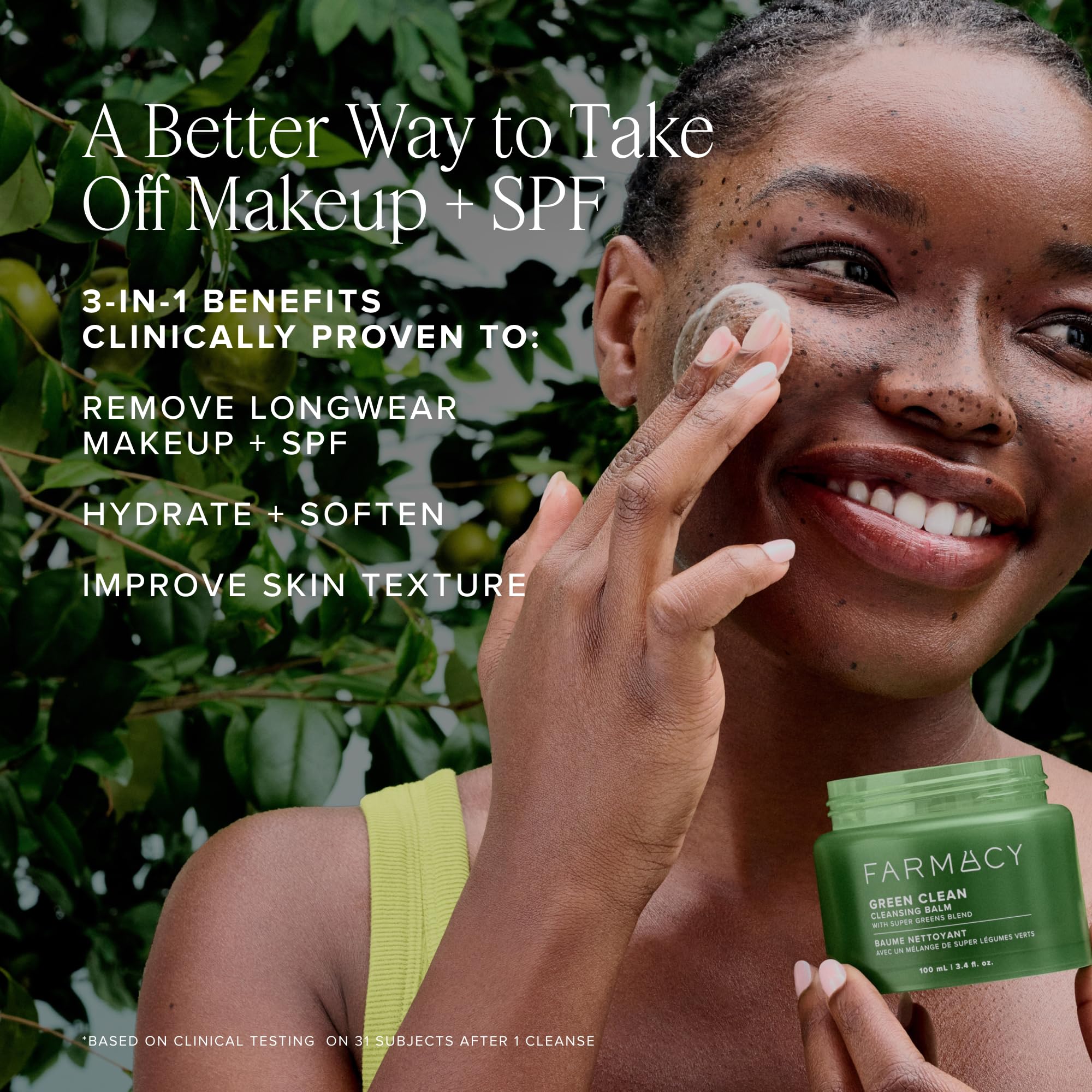 Farmacy Green Clean open jar revealing balm for quick product identification