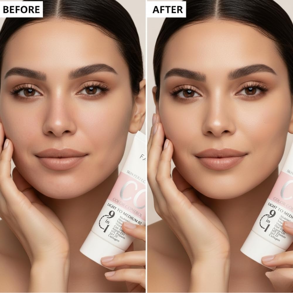 Half-face before and after with Farmasi CC Cream showing tone correction