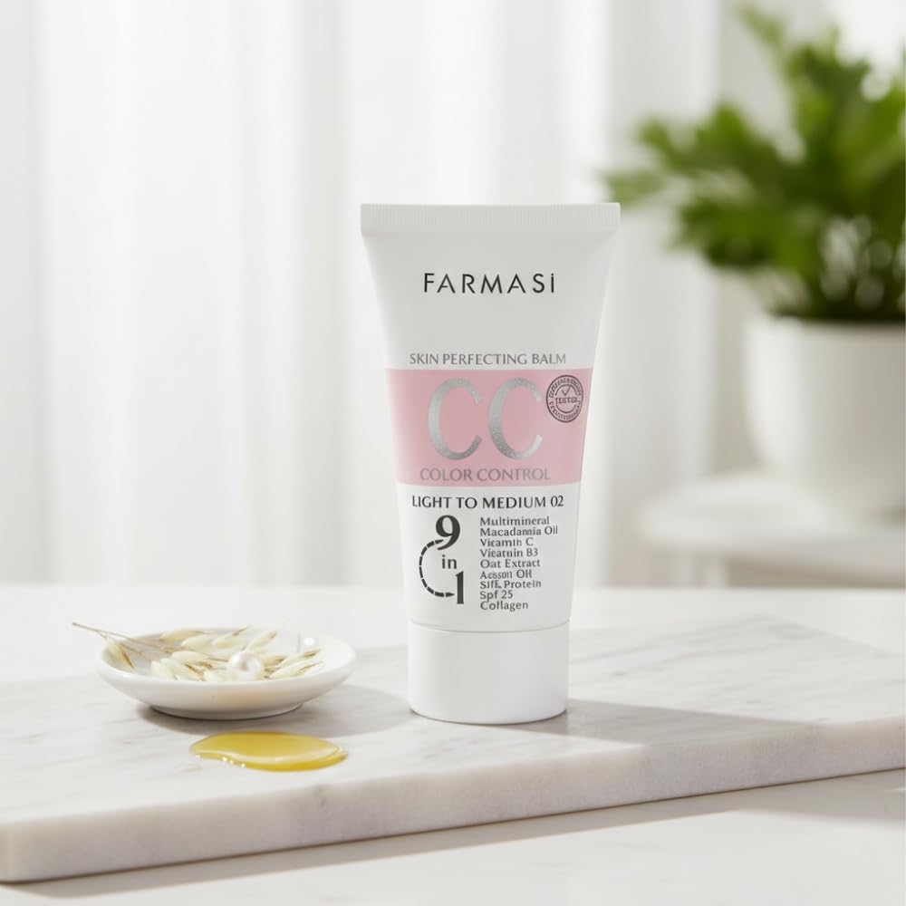 Farmasi CC Cream next to argan oil and oat extract ingredients
