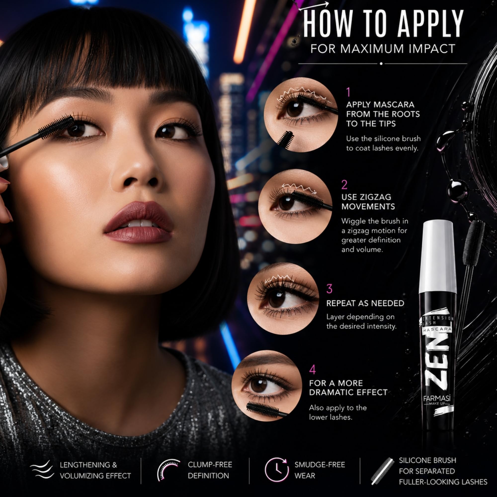 Farmasi Zen Extension Mascara application on eyelashes delivering visible length and volume