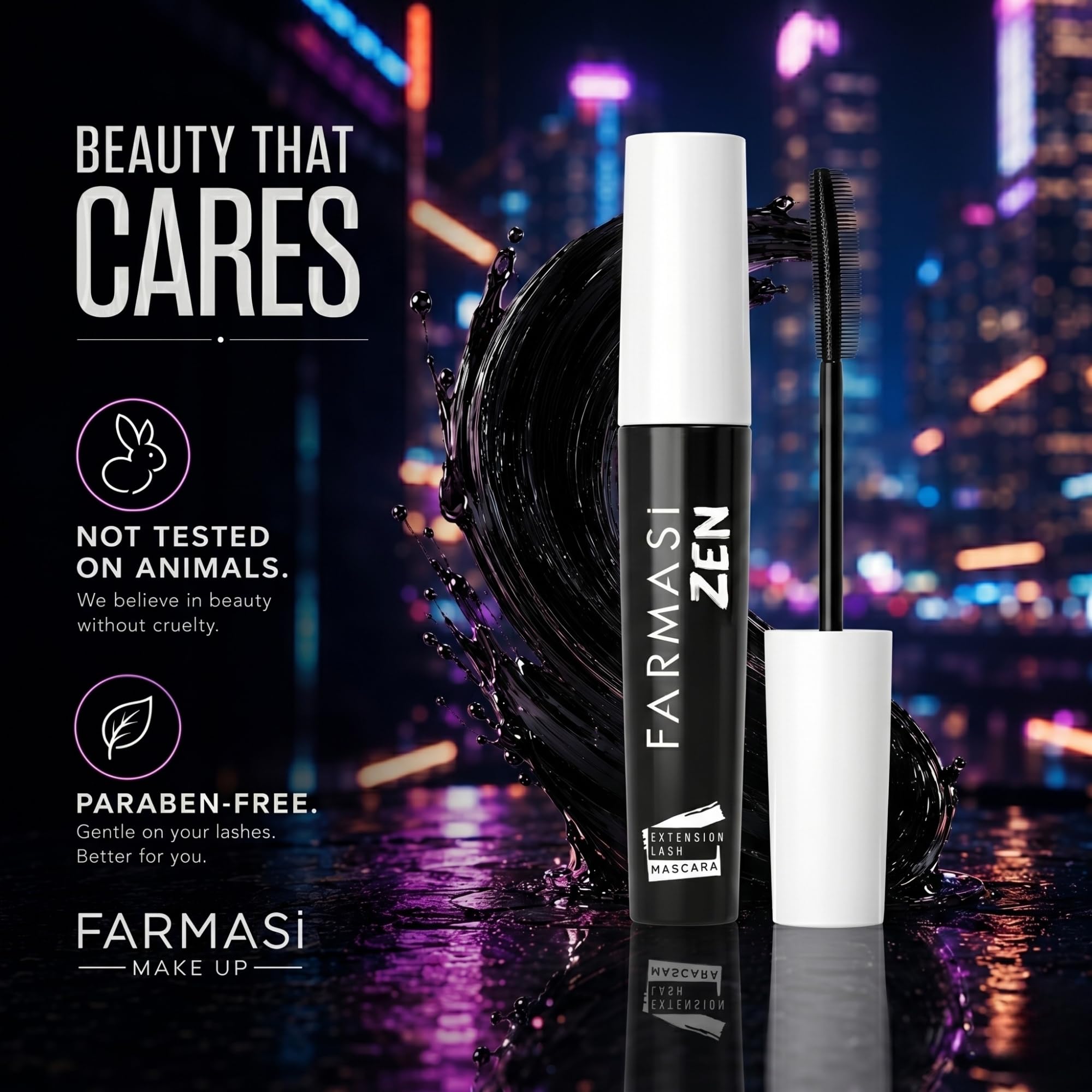 Farmasi Zen Extension Mascara size comparison in hand illustrating compact travel-friendly design