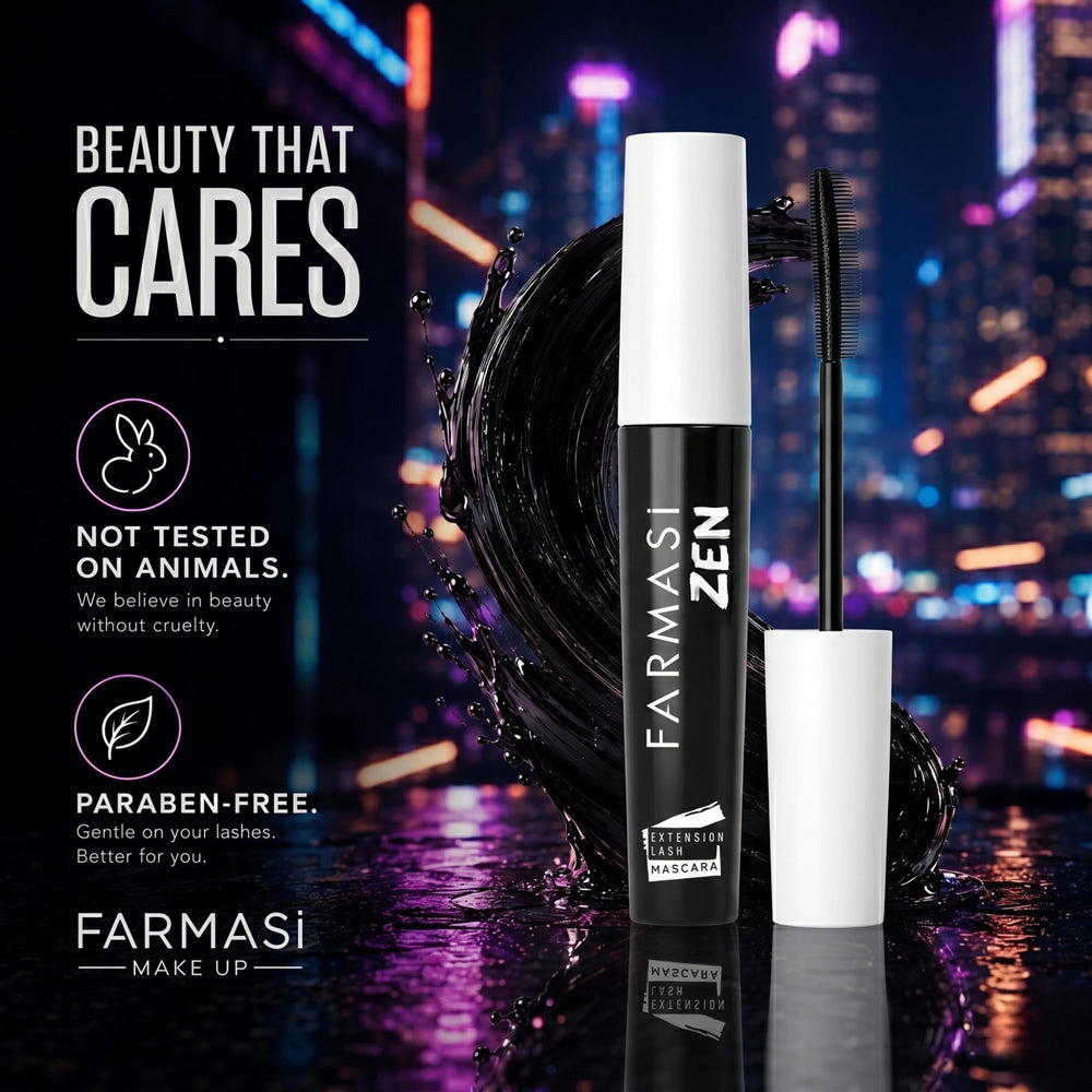 Farmasi Zen Extension Mascara size comparison in hand illustrating compact travel-friendly design
