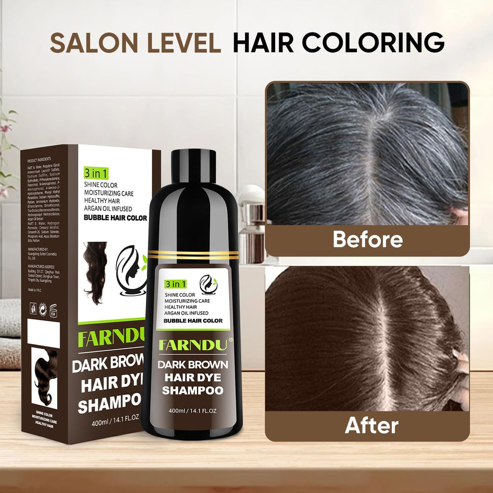 Farndu before and after comparison showing reduced gray and natural tone