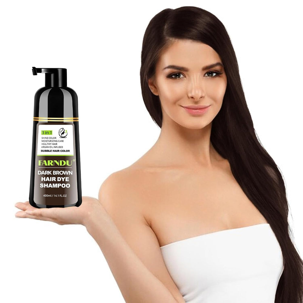 Farndu finished hair showing dark brown shine and smoother texture benefit