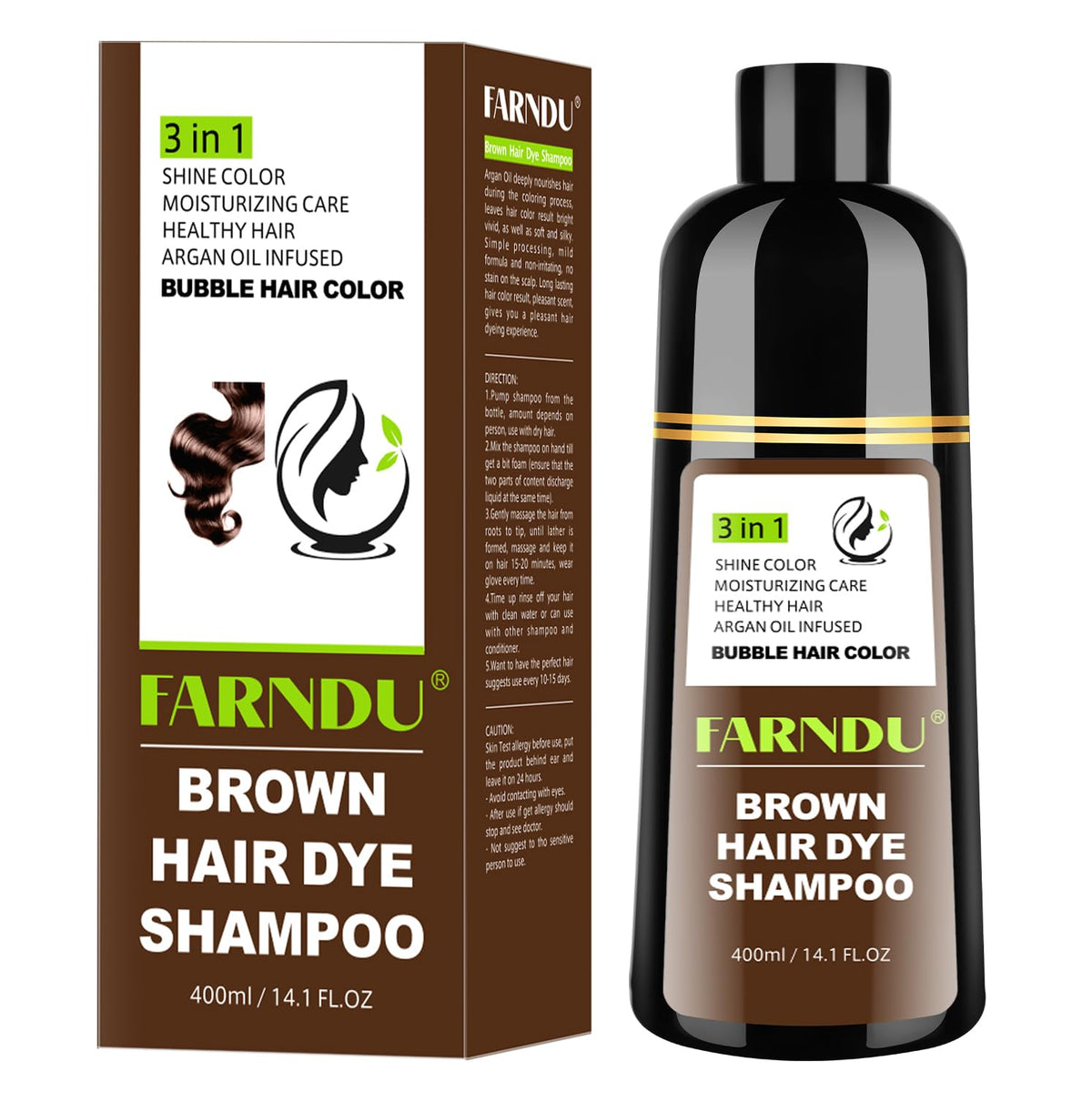Farndu front bottle showing brown hair dye shampoo packaging and benefit of easy application