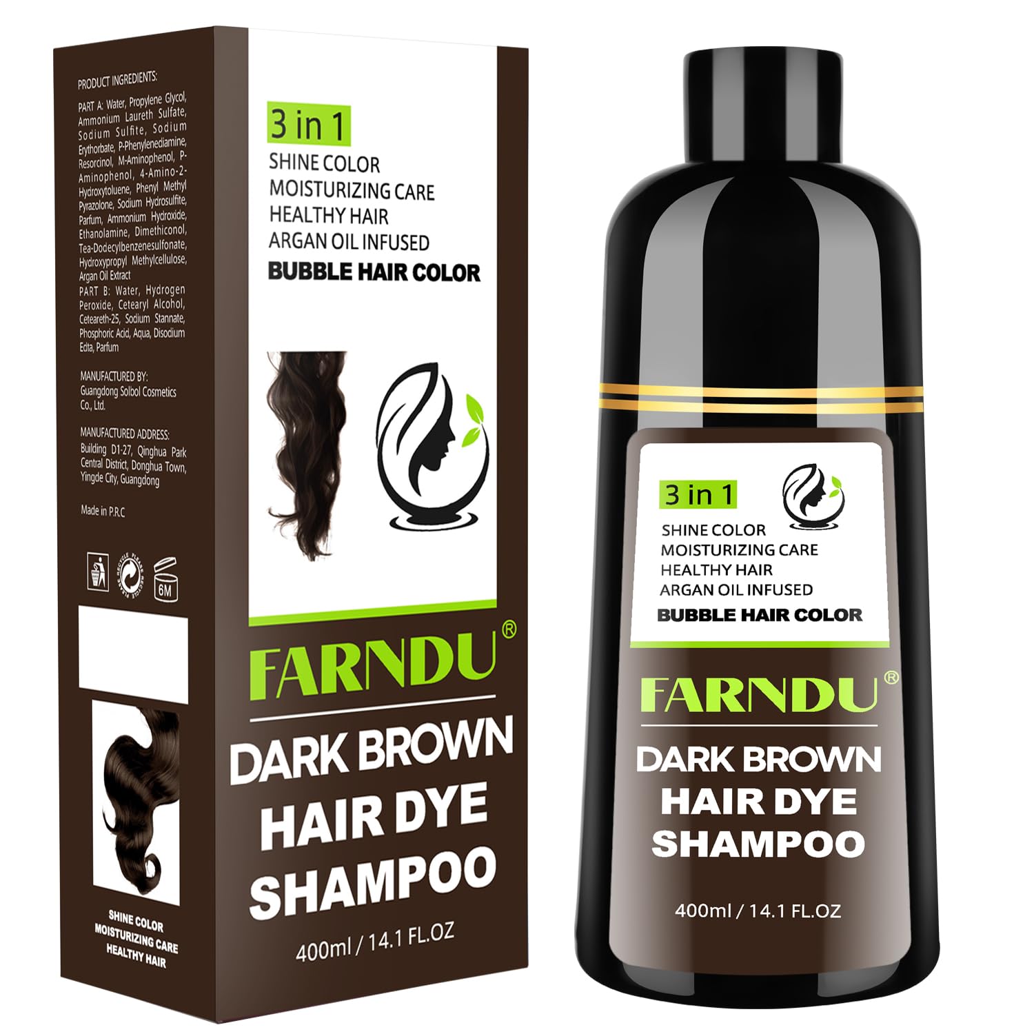 Farndu front packaging showing dark brown color and 3-in-1 benefit