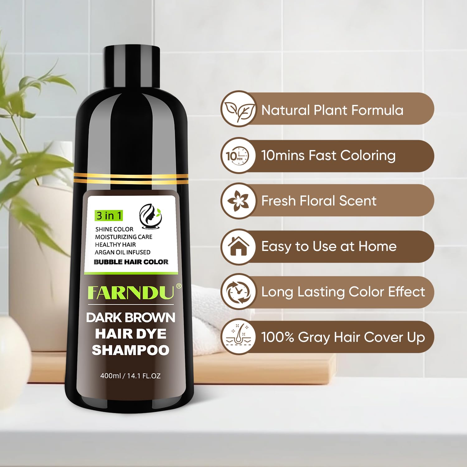 Farndu bottle on bathroom shelf styled with towels for lifestyle appeal
