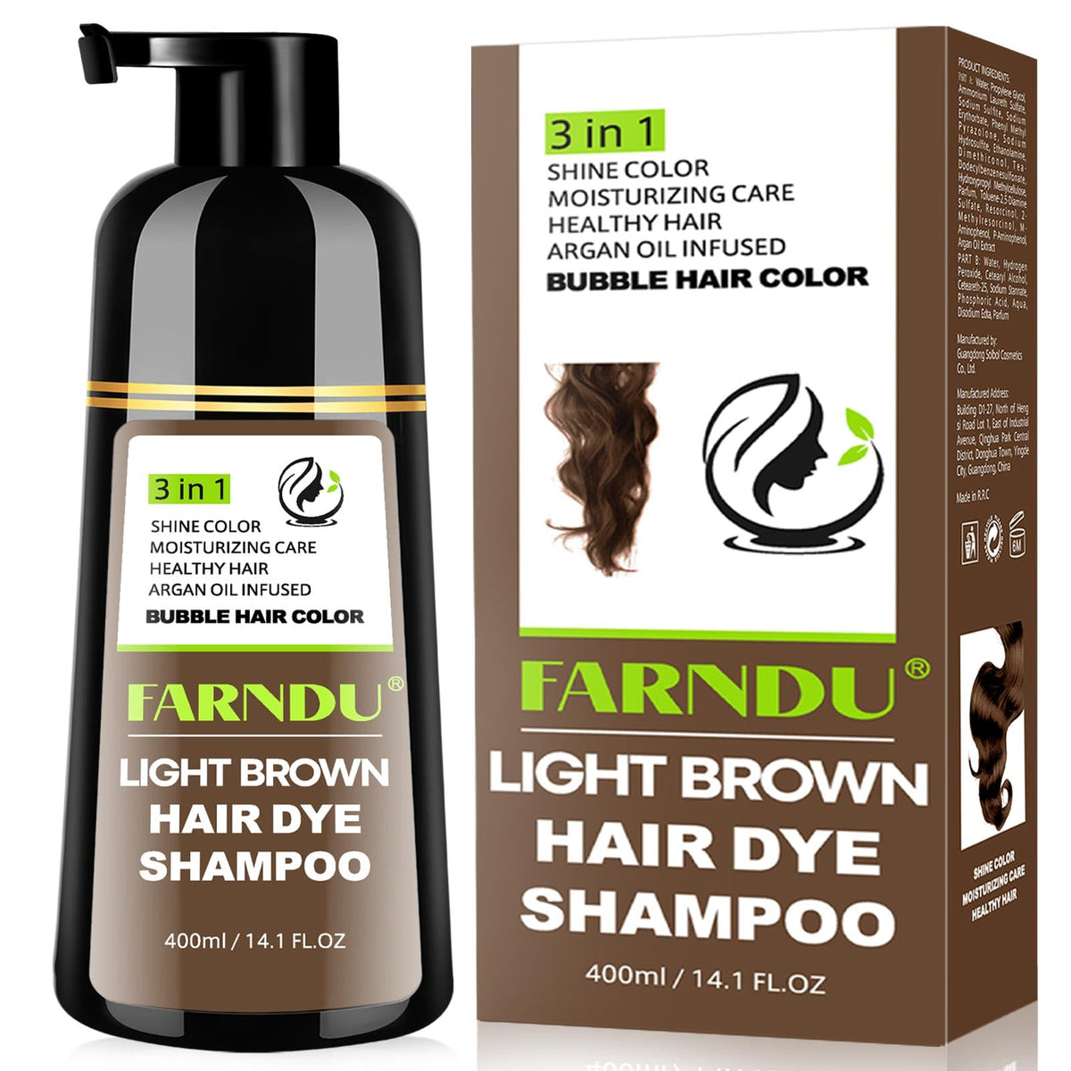 Farndu front bottle showing product and light brown shade benefit