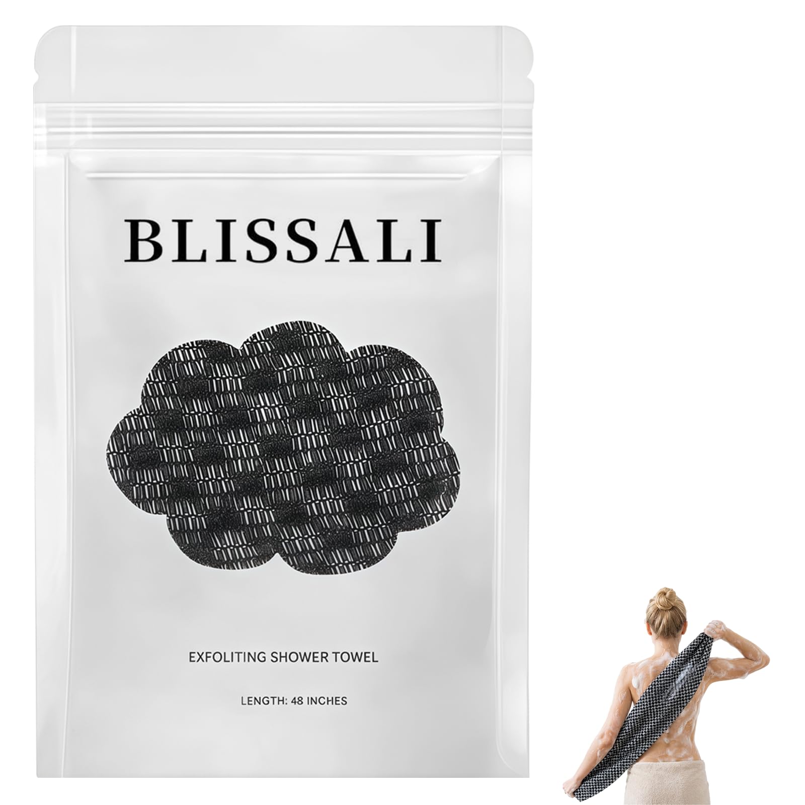 Faylira Blissal front view showing compact black towel and branding benefit: easy store
