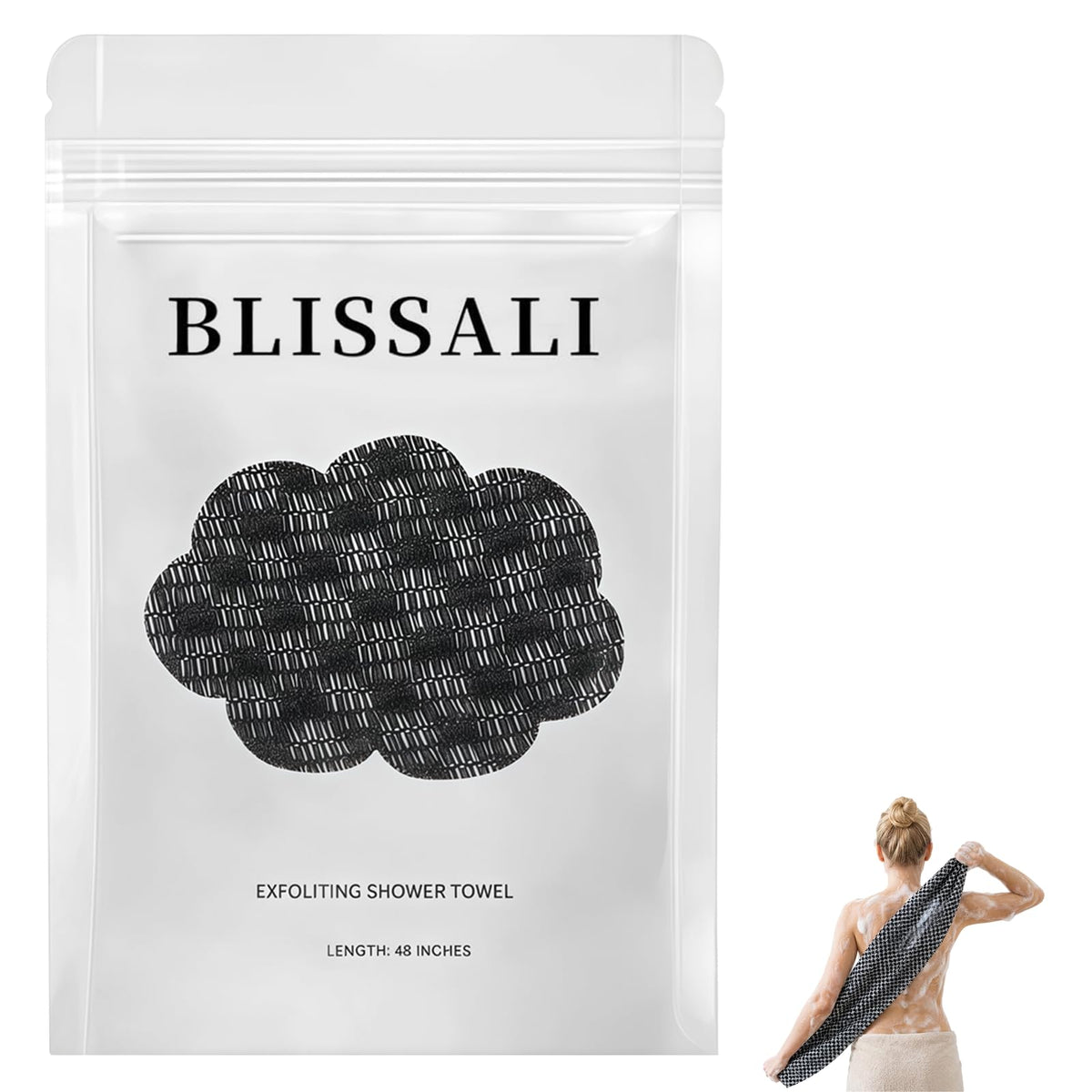 Faylira Blissal front view showing compact black towel and branding benefit: easy store