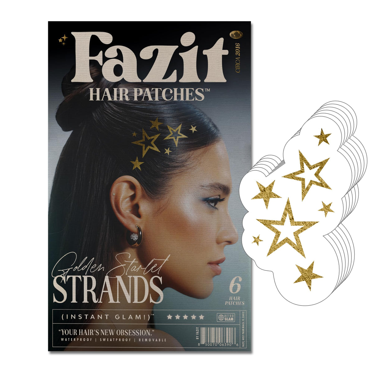 Fazit front packaging showing golden starlet glitter patches and easy application