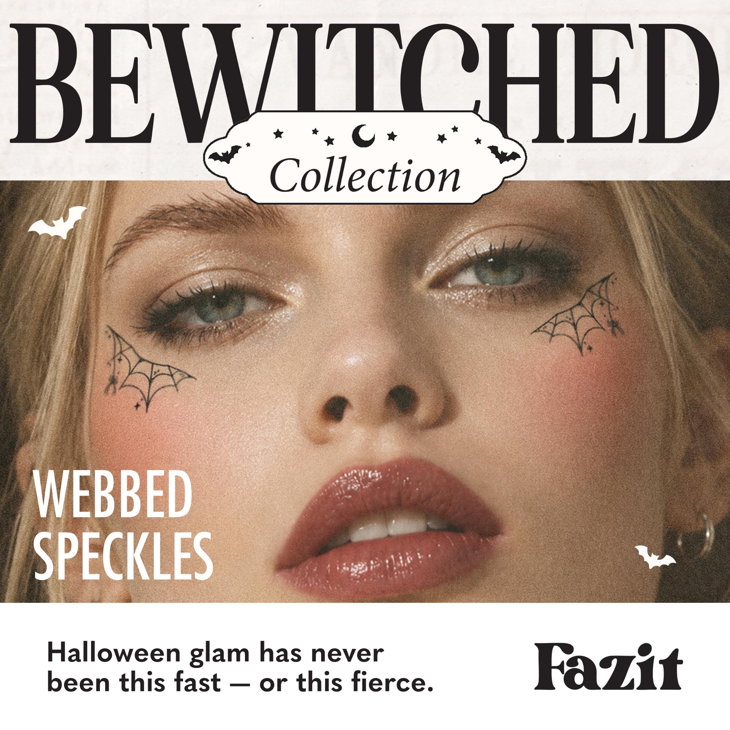 Fazit patches applied around eye demonstrating dramatic speckled sparkle for event-ready looks