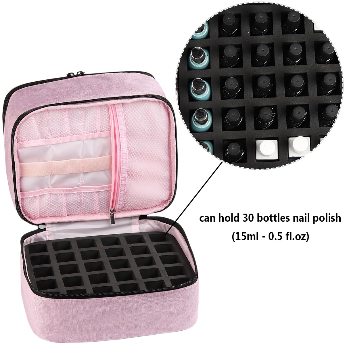 Fcozpjk bottom layer with 30 polish bottles lined up and cushioned for stability