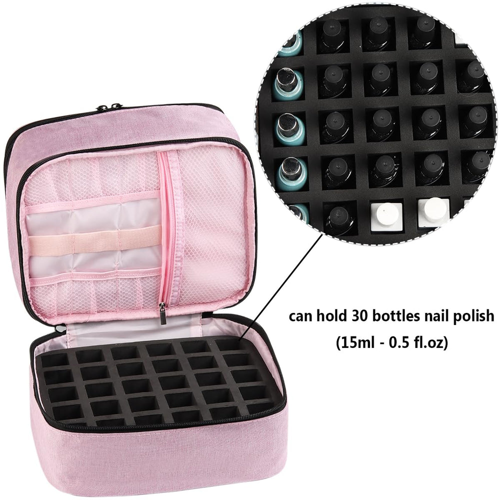 Fcozpjk bottom layer with 30 polish bottles lined up and cushioned for stability
