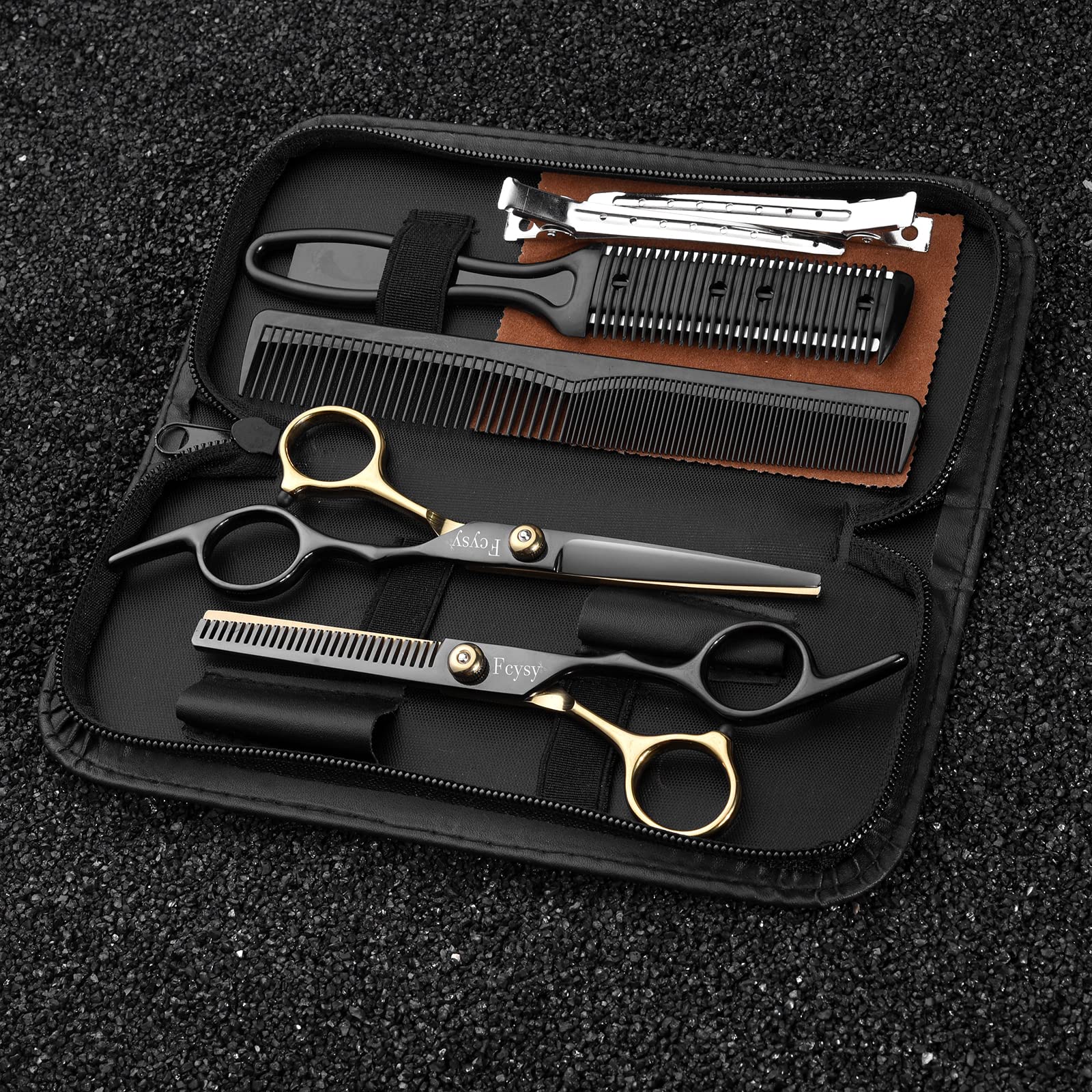 Fcysy complete kit laid out with scissors, comb, razor comb and accessories for ready-to-use convenience