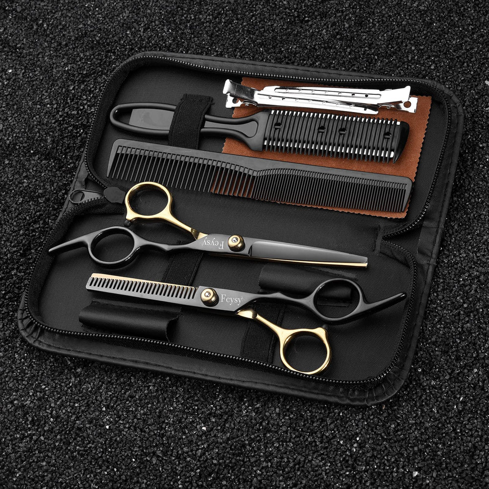 Fcysy complete kit laid out with scissors, comb, razor comb and accessories for ready-to-use convenience