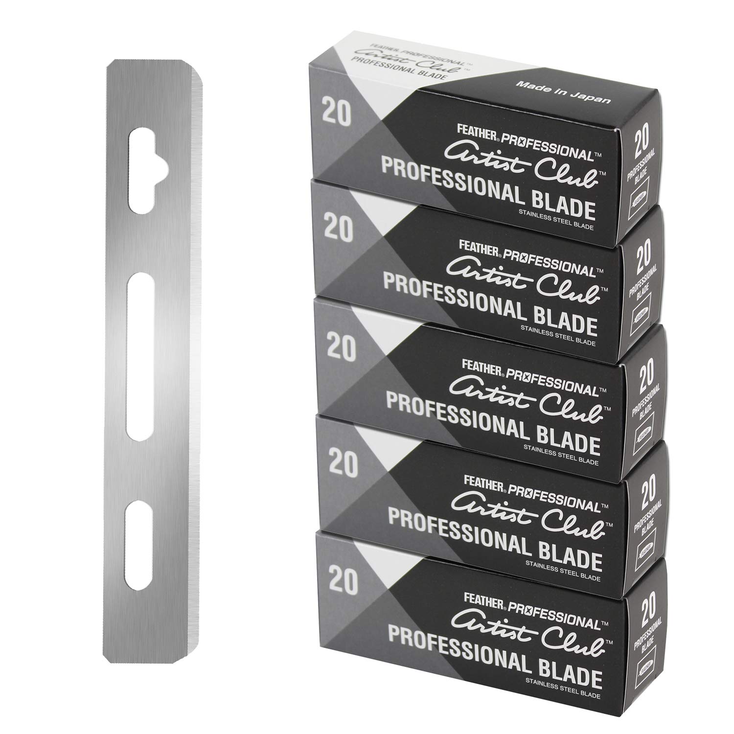 Feather front packaging showing 100-count blades, clear supply benefit