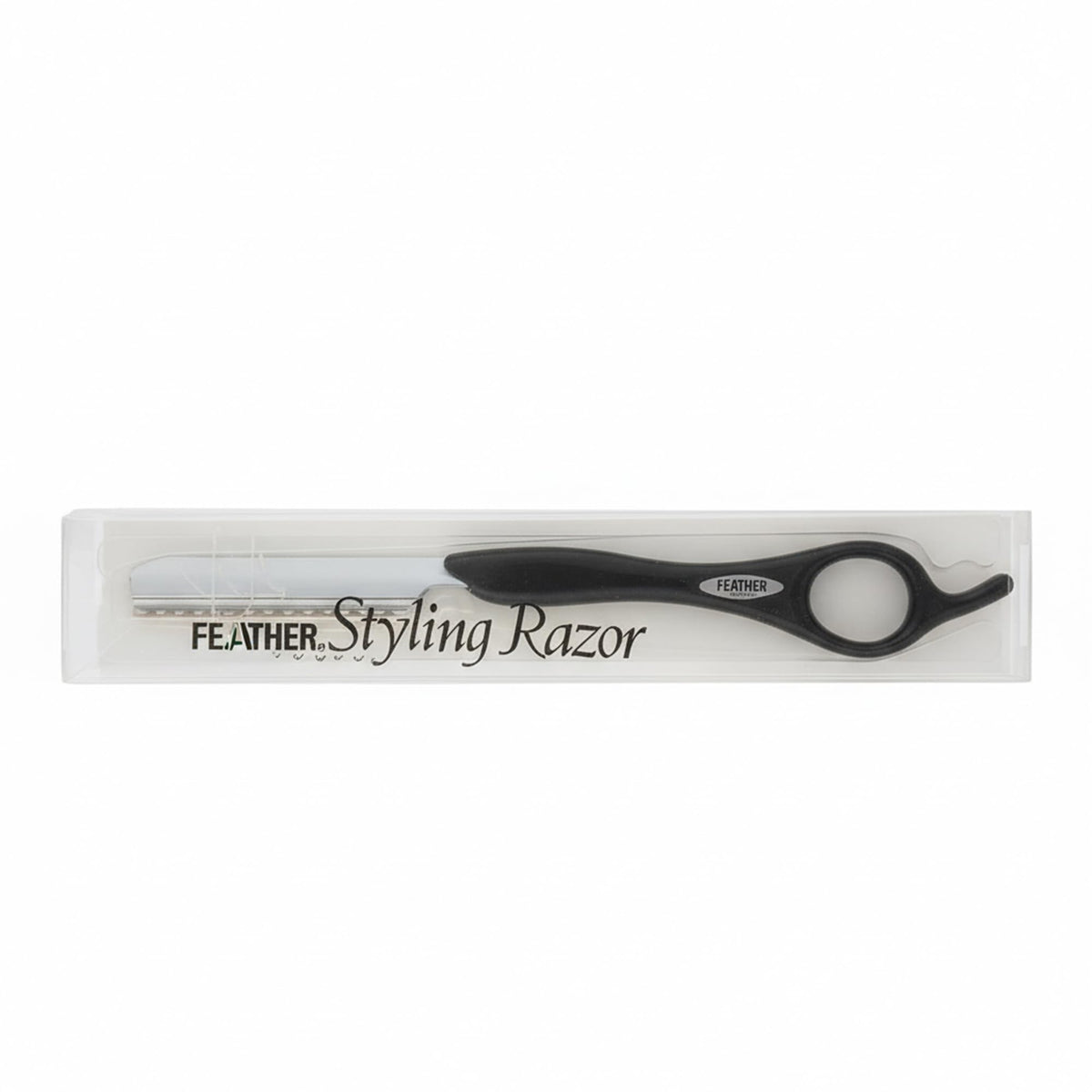 Feather black handle front view showing sleek design and precision control