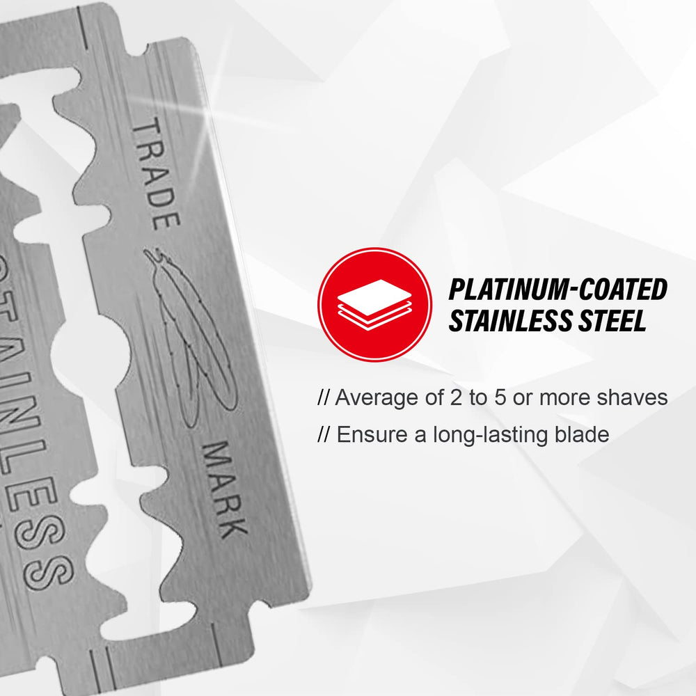 Feather blade label and specs highlighting Japanese platinum coating