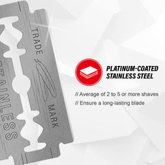 Feather blade label and specs highlighting Japanese platinum coating