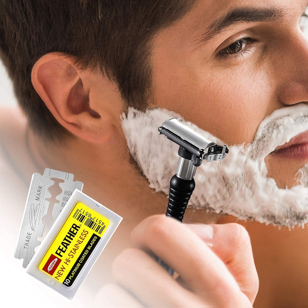Feather blades staged in bathroom setting implying premium grooming experience