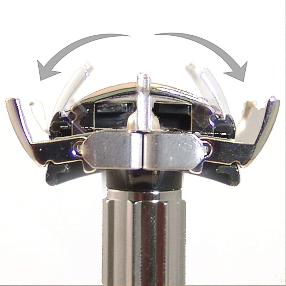 Feather butterfly opening mechanism displayed mid-twist for easy blade changes